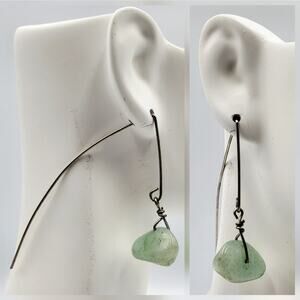 Handmade Raw Natural Green Gemstone Elongated Ear Wire Back Dangle Earrings